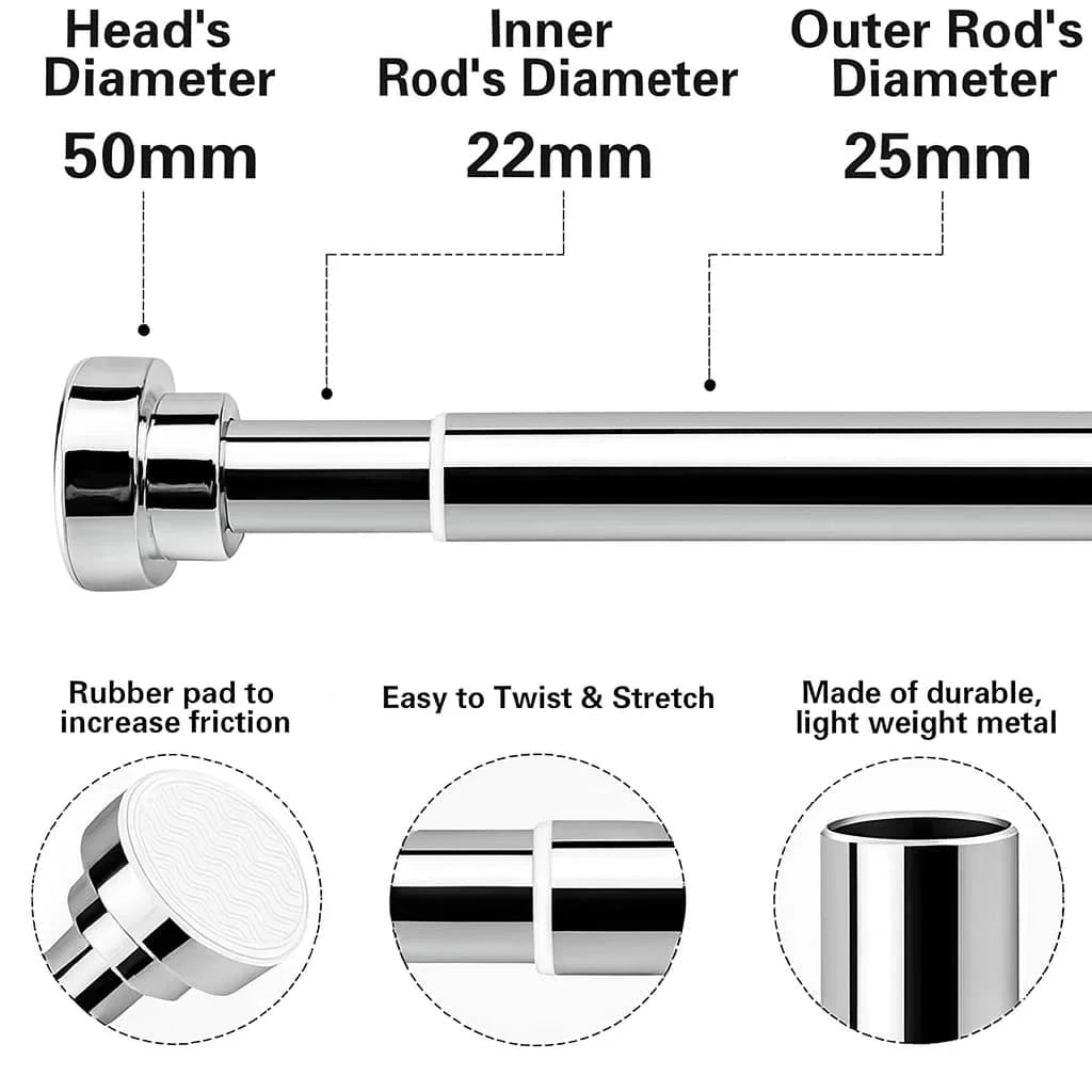 Grozaro Adjustable Shower Curtain Tension Rod 125CM| Non-Drilling| Anti-Skid|Multi-Purpose| Spring Pull Rod - (Stainless Steel)
