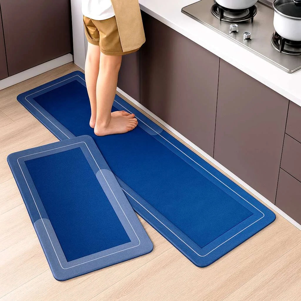 Grozaro Solid Blue Non-Slip Kitchen Rug Combo, Water Absorbent with Rubber Backing, 120x40cm + 60x40cm