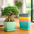 Grozaro Modern Ribbed Square Planter Pots with Drainage Tray (5 Pcs Set)