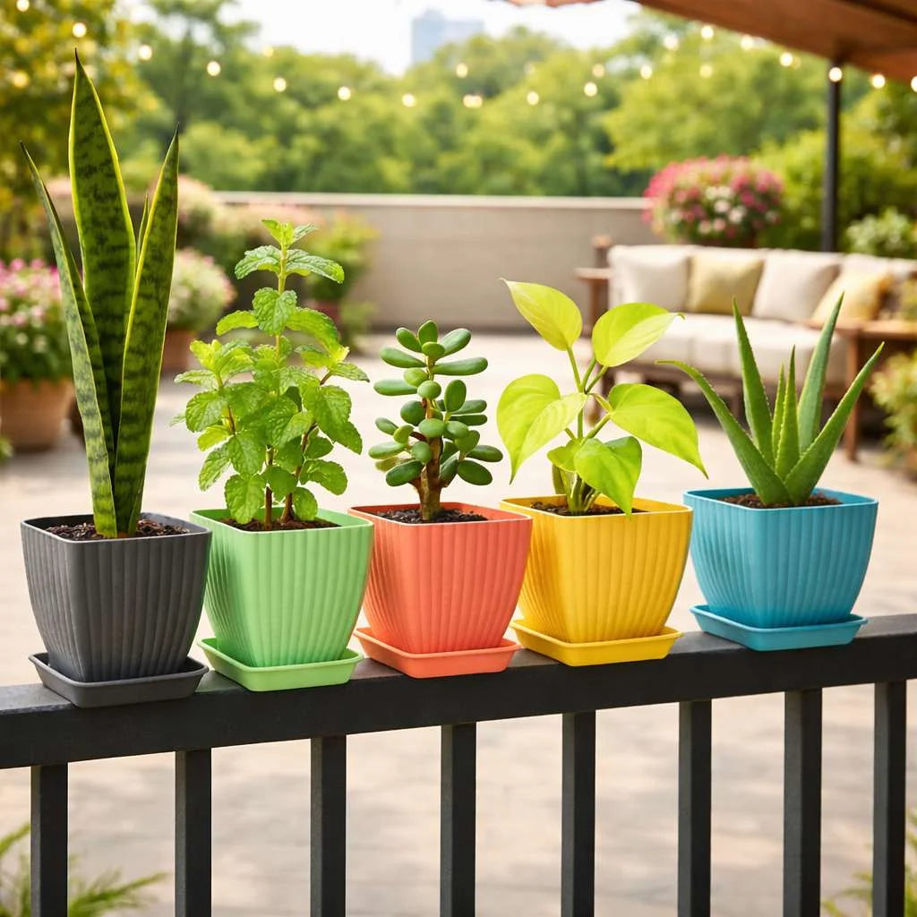 Grozaro Modern Ribbed Square Planter Pots with Drainage Tray (5 Pcs Set)