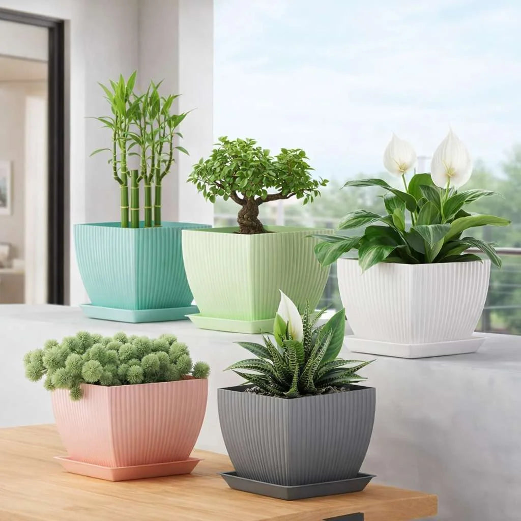 Grozaro Modern Ribbed Square Planter Pots with Drainage Tray (5 Pcs Set)