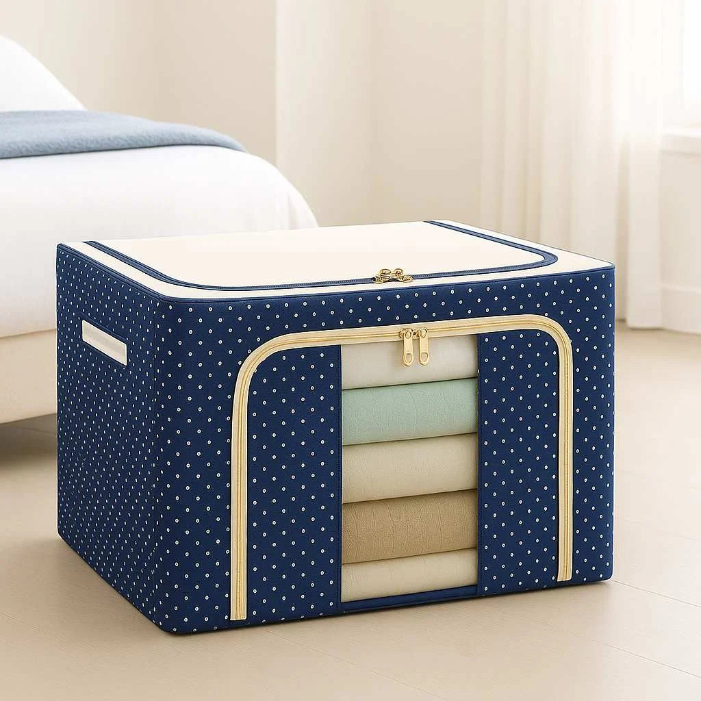 Grozaro Double-Sided Zipper Living Box - Fabric Storage Boxes for Clothes, Saree Cover Bags - 24 Litre, Pack of 1, Polka Dot