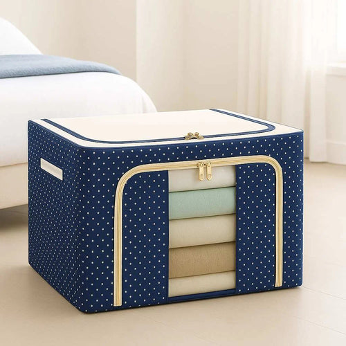 Grozaro Double-Sided Zipper Living Box - Fabric Storage Boxes for Clothes, Saree Cover Bags - 24 Litre, Pack of 1, Polka Dot