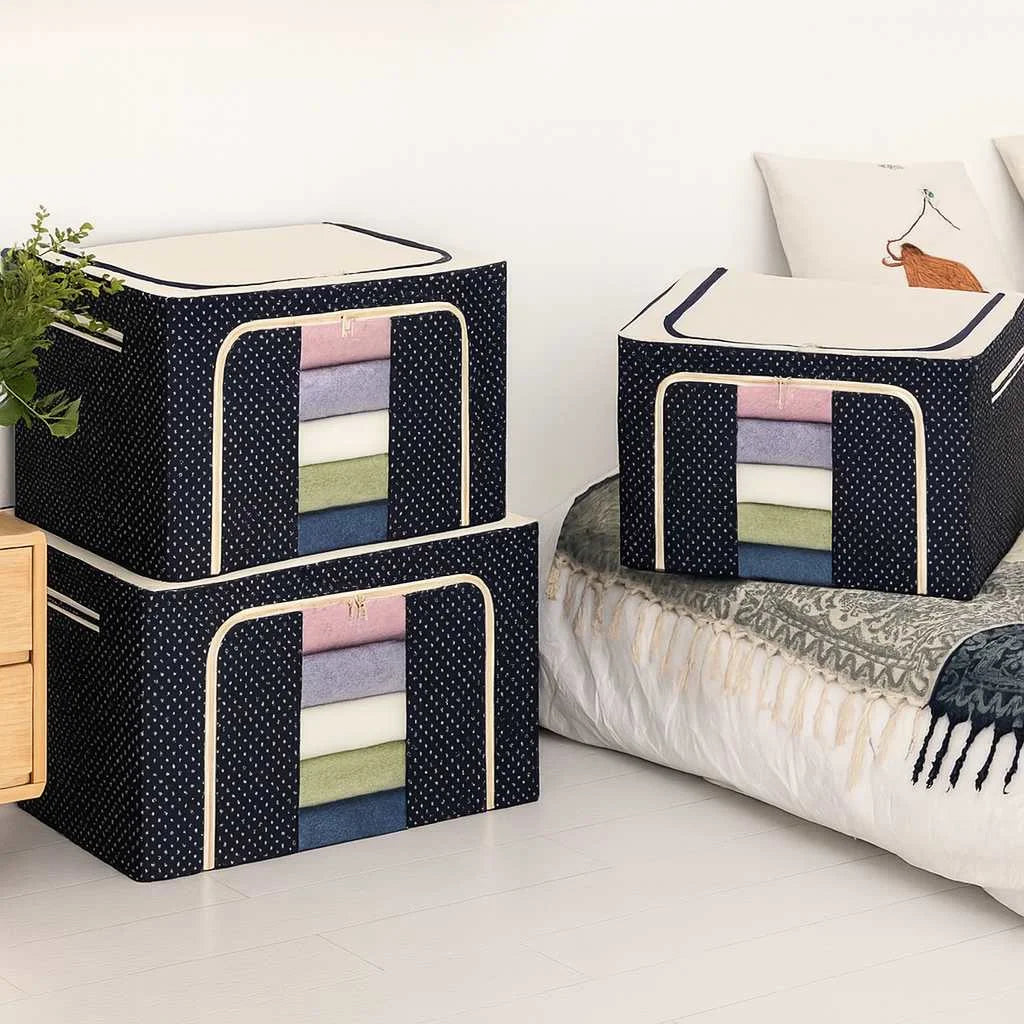 Grozaro Double-Sided Zipper Living Box - Fabric Storage Boxes for Clothes, Saree Cover Bags - 24 Litre, Pack of 1, Polka Dot
