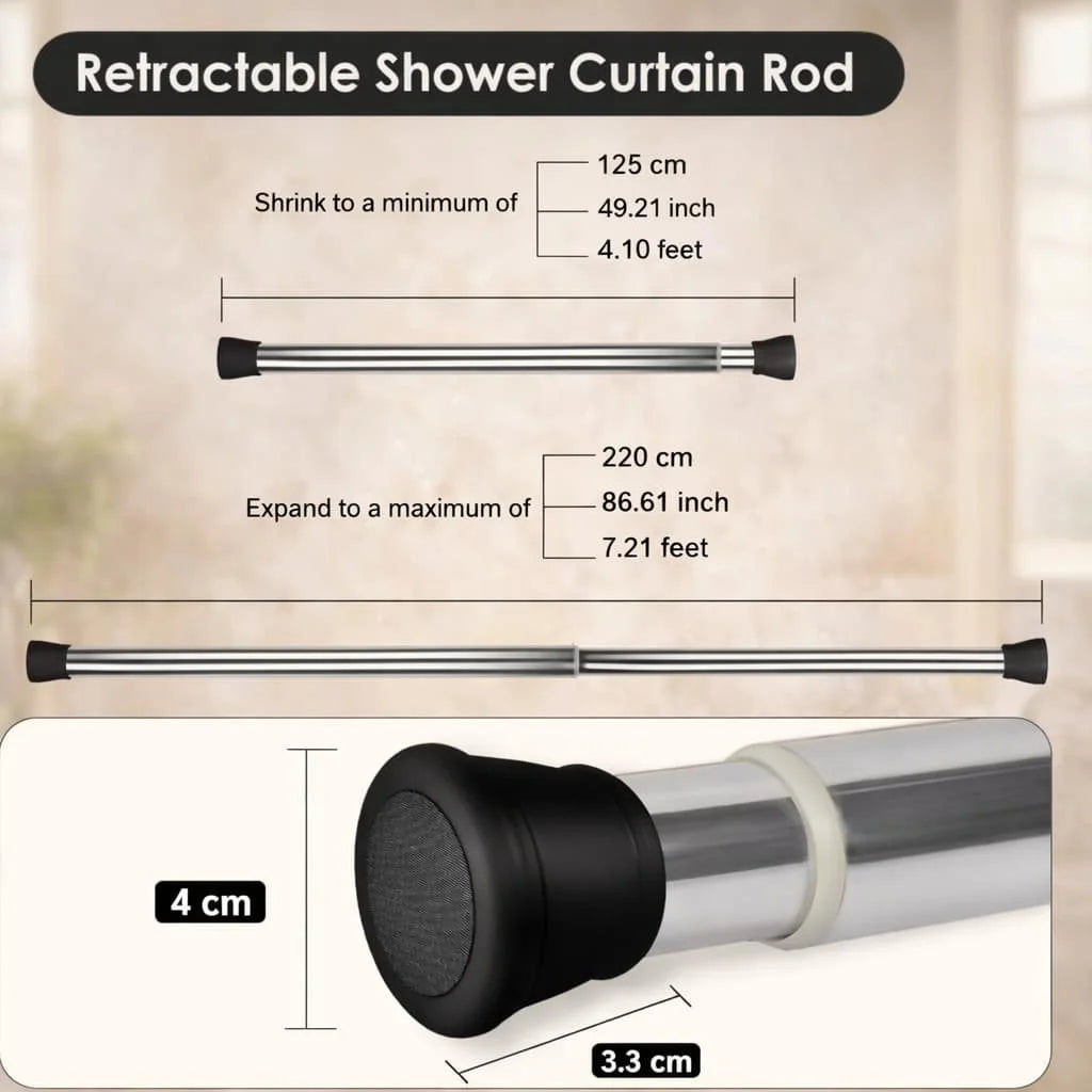 Grozaro Premium Stainless Steel 125CM Adjustable No-Drill Tension Rod with Black Non-Slip Rubber End Caps