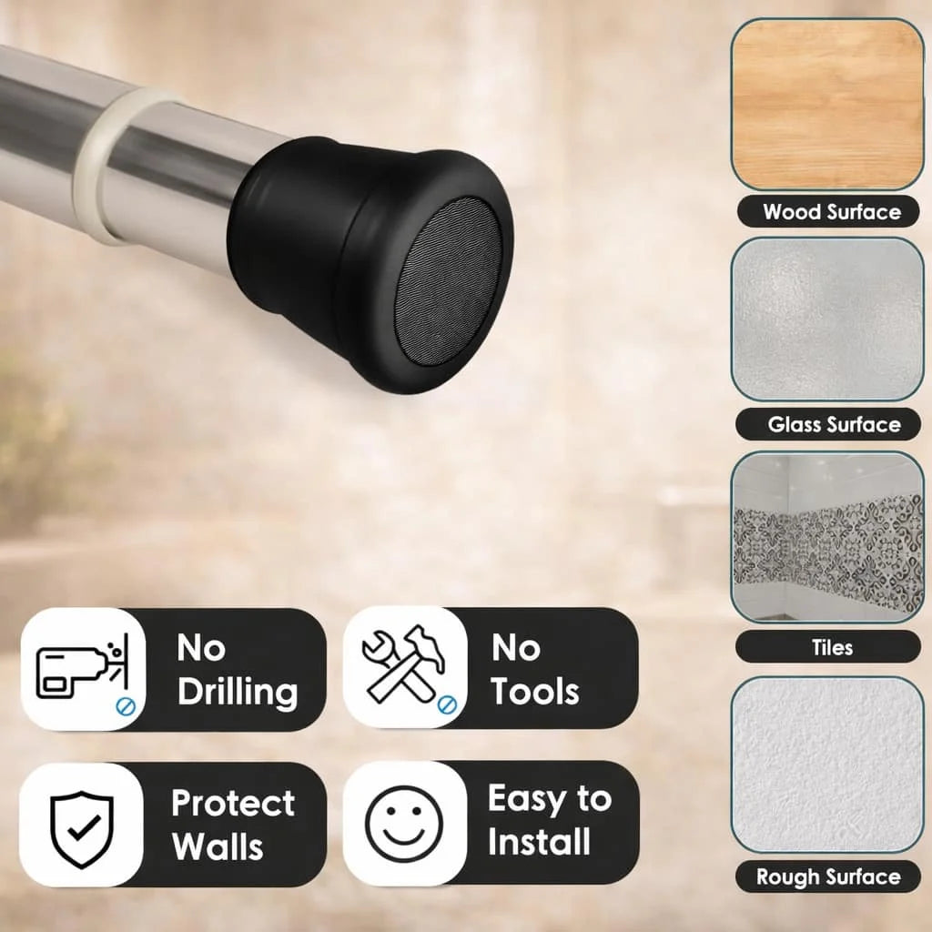 Grozaro Premium Stainless Steel 125CM Adjustable No-Drill Tension Rod with Black Non-Slip Rubber End Caps