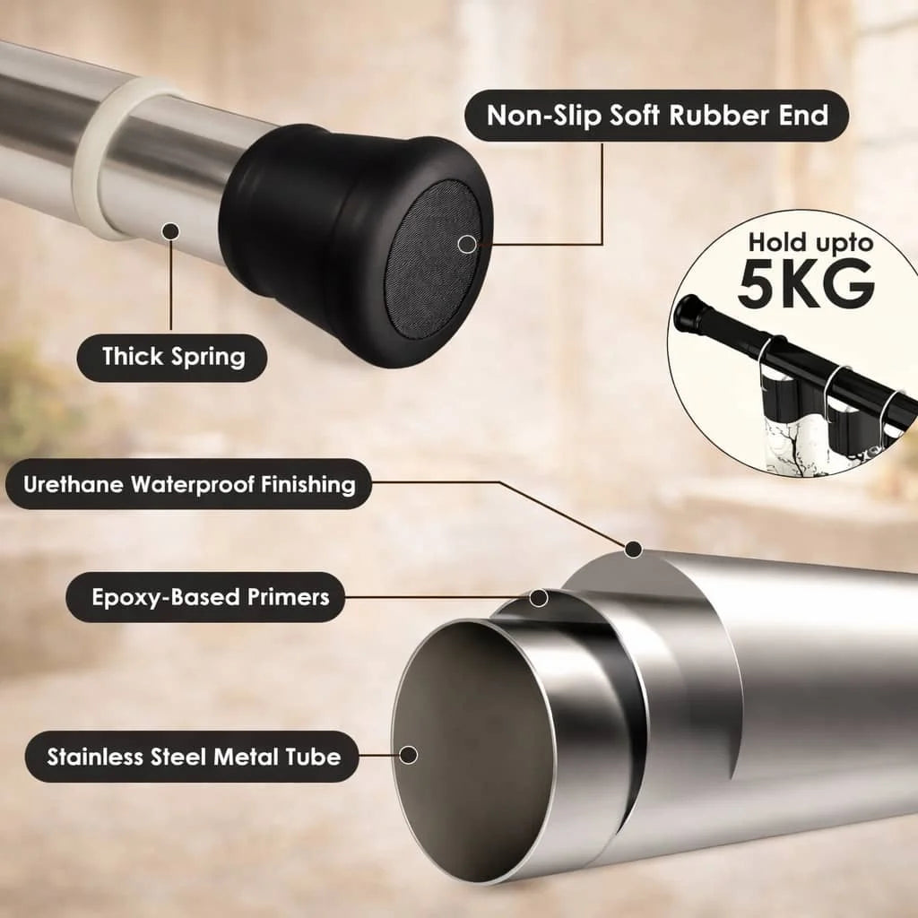 Grozaro Premium Stainless Steel 125CM Adjustable No-Drill Tension Rod with Black Non-Slip Rubber End Caps