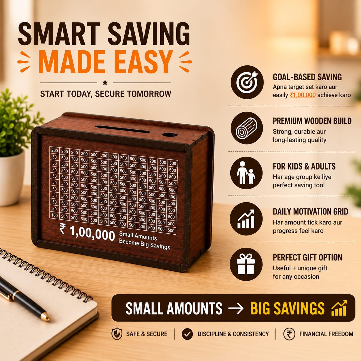 Wooden Money Saving Box Up To 1,00,000 (One Lakh)