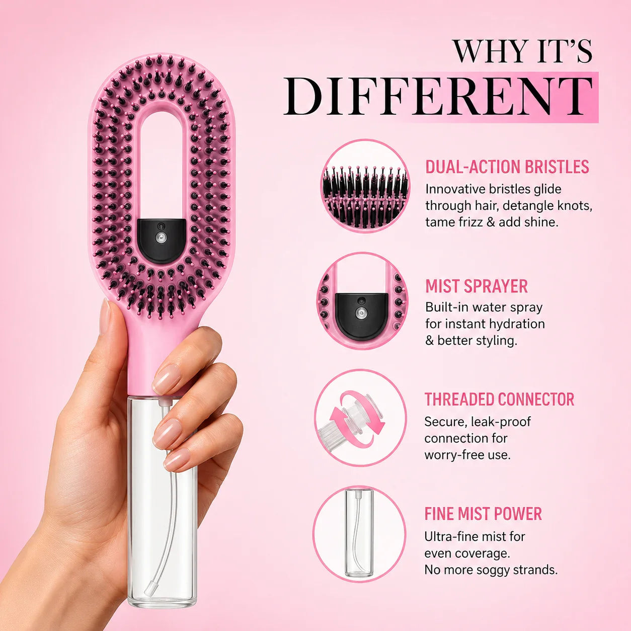 Grosyhub Multicolour 2-in-1 Spray Comb Hair Brush with Built-In Mist Bottle — Anti-Frizz Detangling Brush